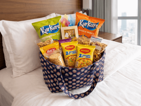 The bag filled by the family and waiting on a hotel bed