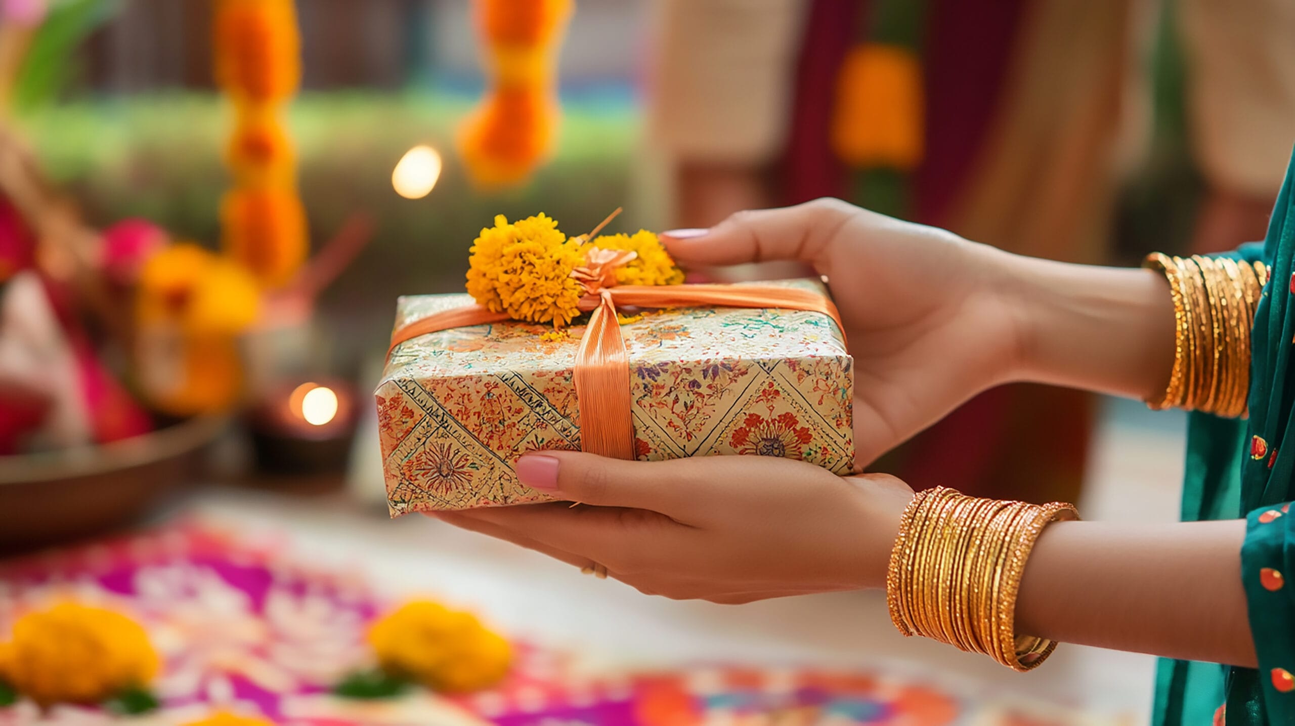 Hands exchanging an Indian wedding gift