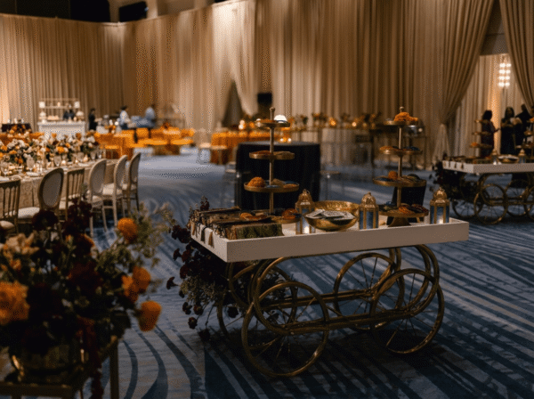 The brass cart standing ready in the ballroom before guests arrive