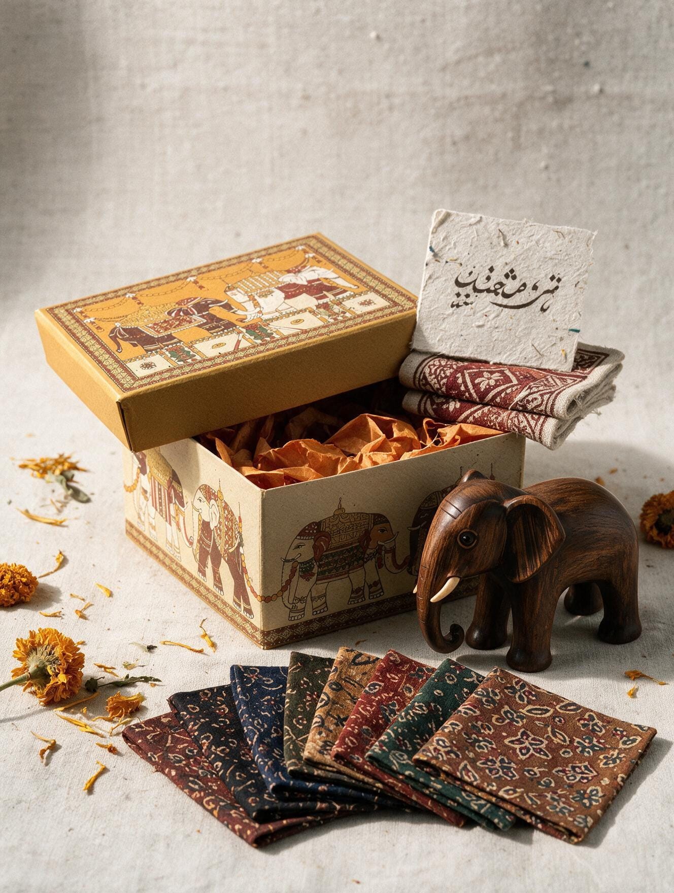 Channapatna lacquered wooden elephant figurine beside an open gift box with Ajrakh block-printed coasters