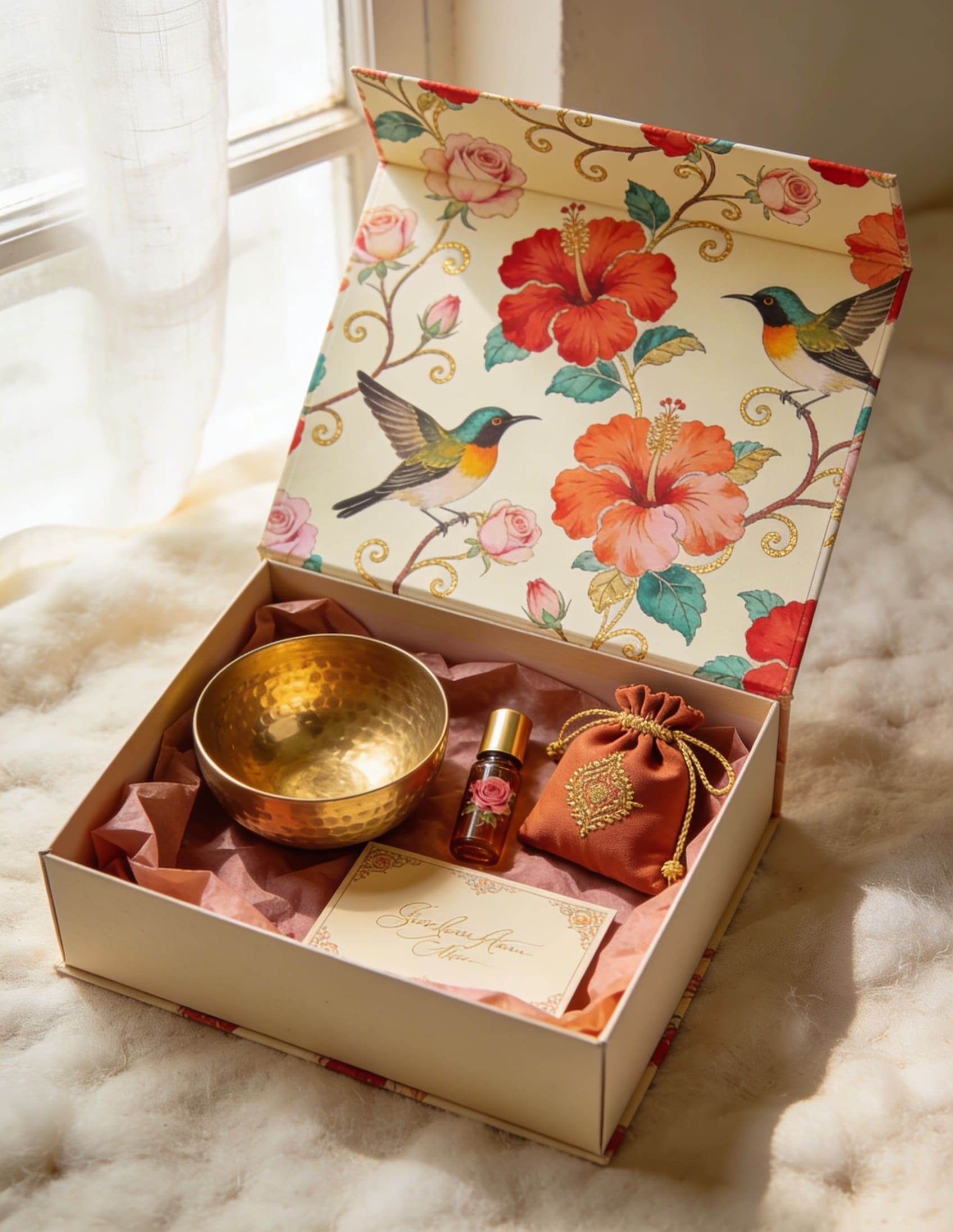 Hammered brass bowl, rose attar rollerball vial, and embroidered silk potli bag arranged in an open gift box