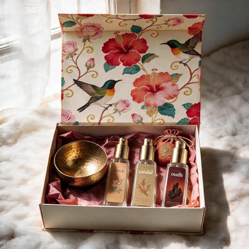 Evening Box concept — musk sandalwood oudh attar variant