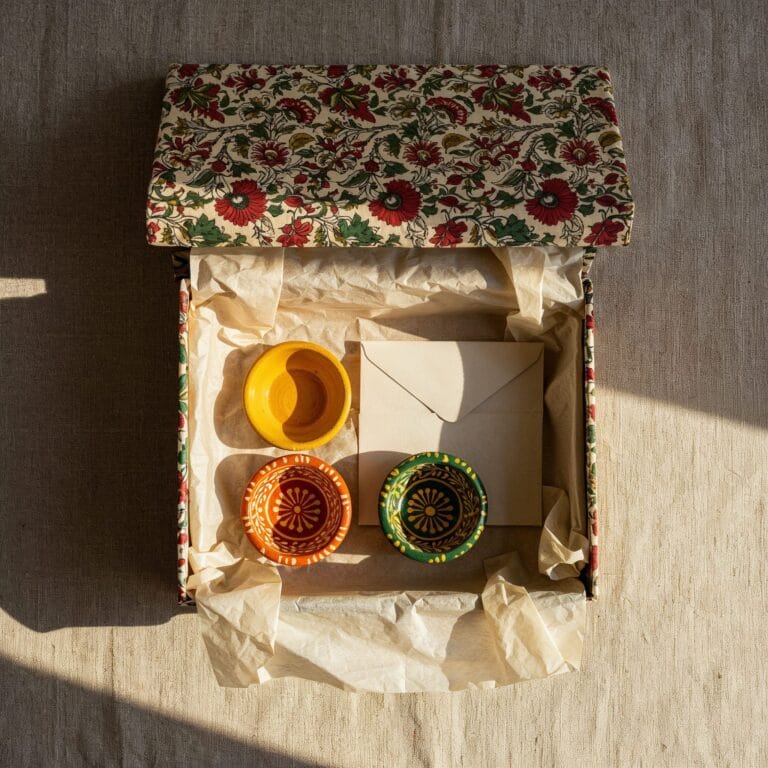 Three lacquered wood Channapatna bowls with the printed card