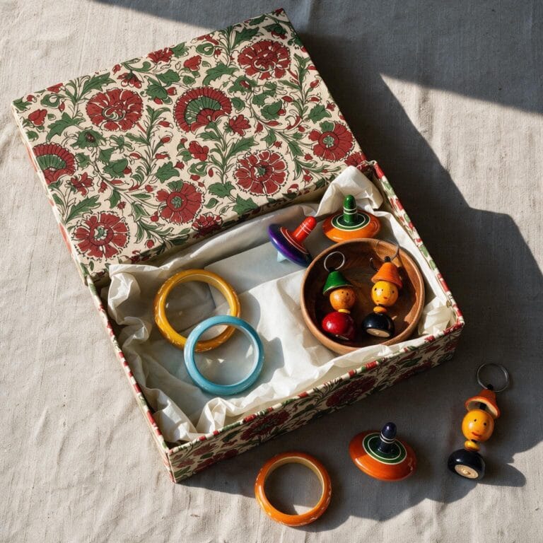 Channapatna box with a lacquered bowl, bangles, spinning tops and keychains