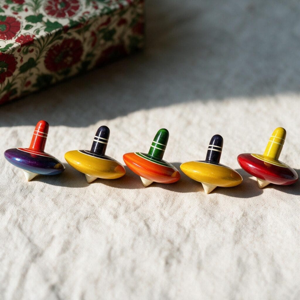 Wooden spinning tops turned on the same lathe